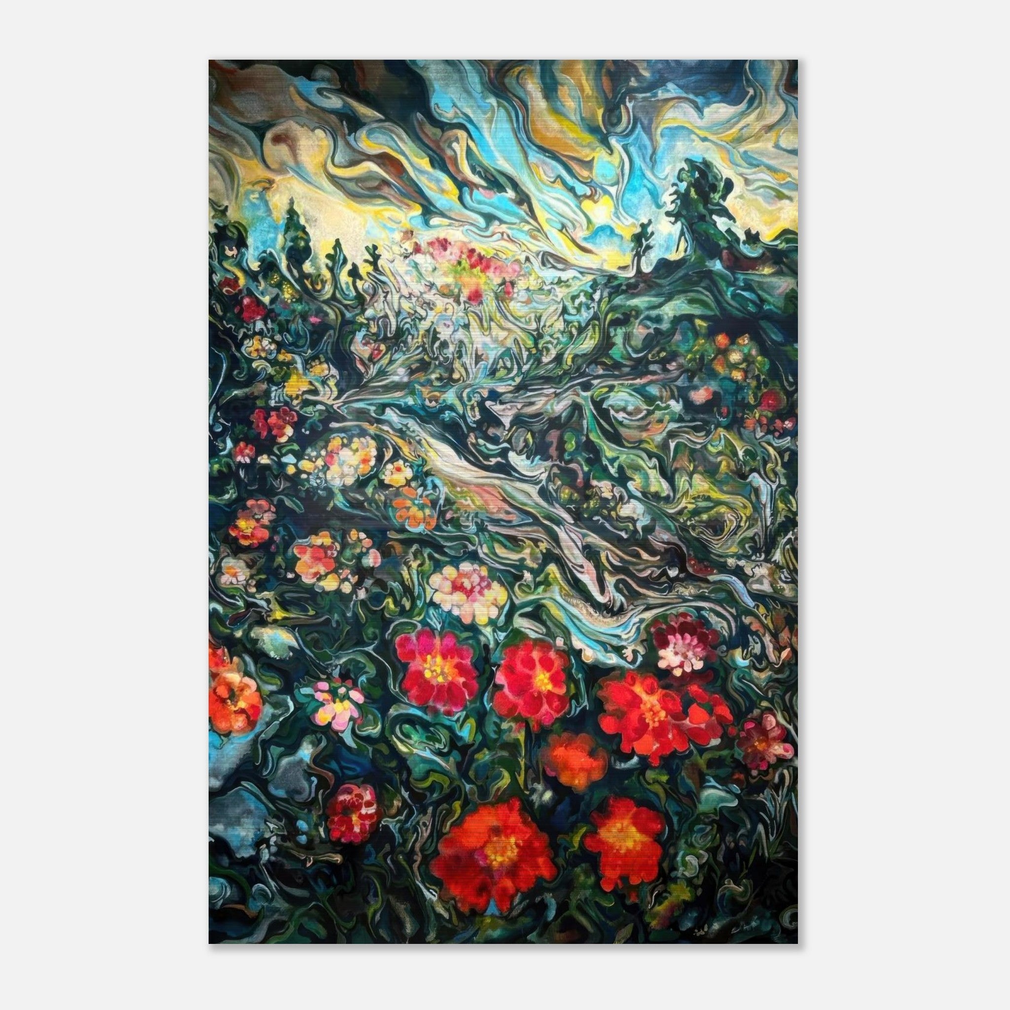 Abstract floral landscape painting on brushed metal with vibrant colors and swirling details, perfect for home decor.