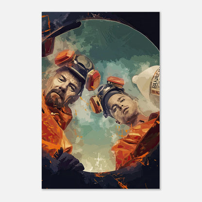 Cook & Clean Breaking Bad metal print featuring Walter White and Jesse Pinkman in hazmat suits looking into a barrel.