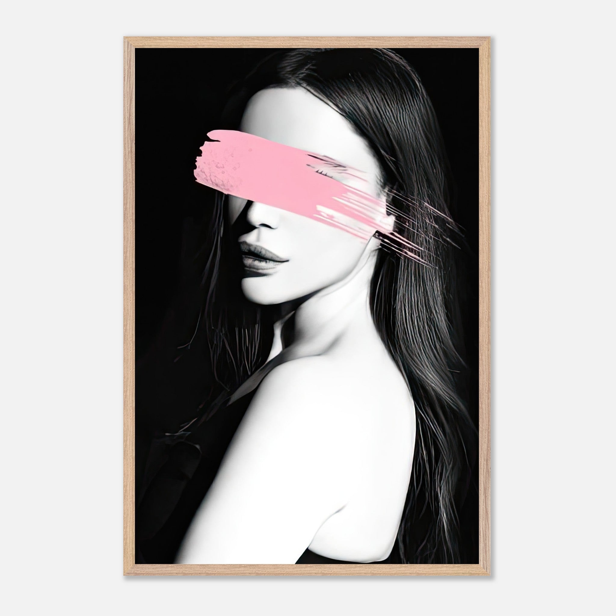 Vintage framed print titled "Pink Blindness" featuring a monochromatic portrait with a pink brushstroke obscuring the eyes.