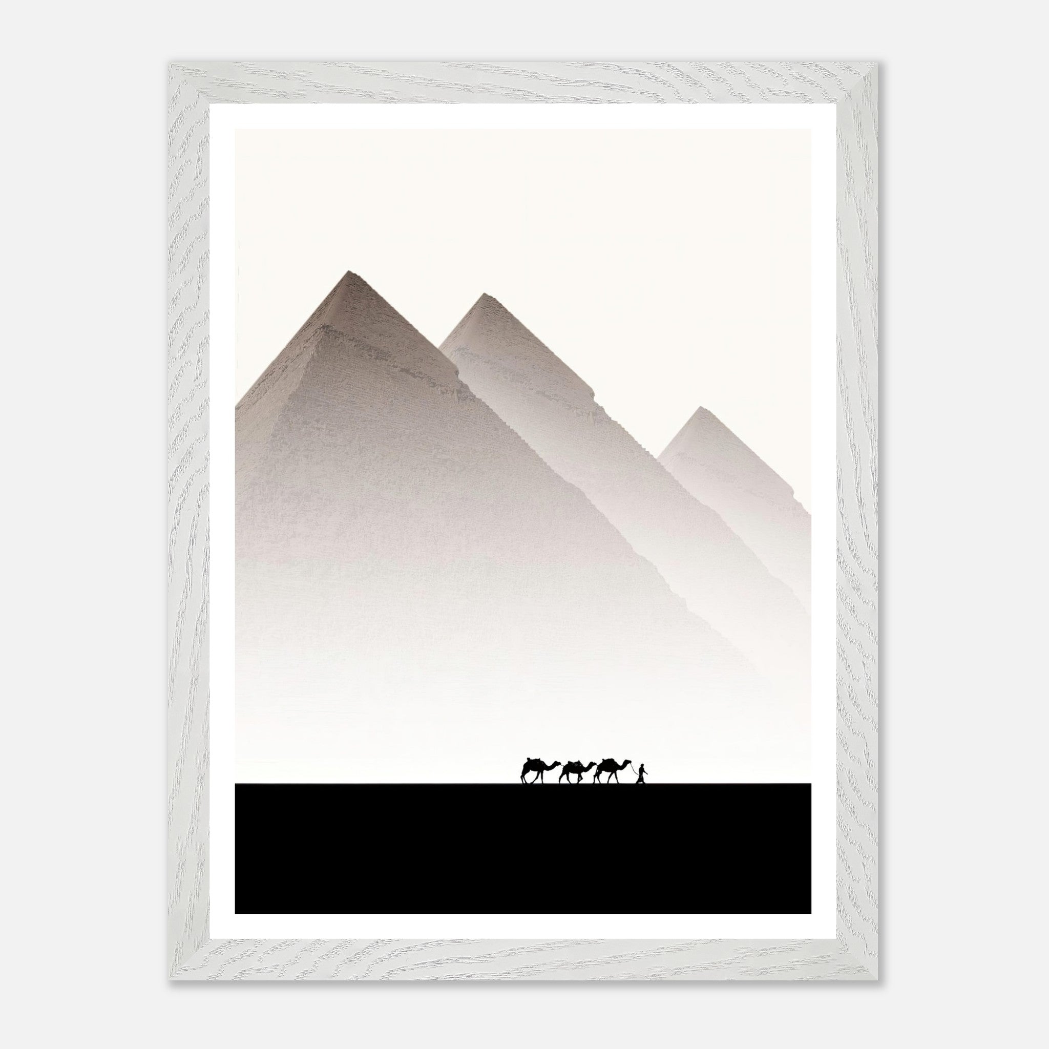 Framed travel photography of the Pyramids of Giza with a caravan of camels in a minimalist design.