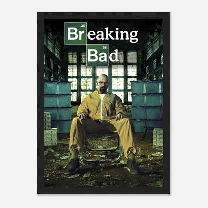 Walter White framed poster from Breaking Bad, showcasing the iconic character in a yellow hazmat suit in a gritty setting.