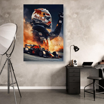 Max Verstappen Red Bull metal print featuring vivid artwork in a modern workspace setting.