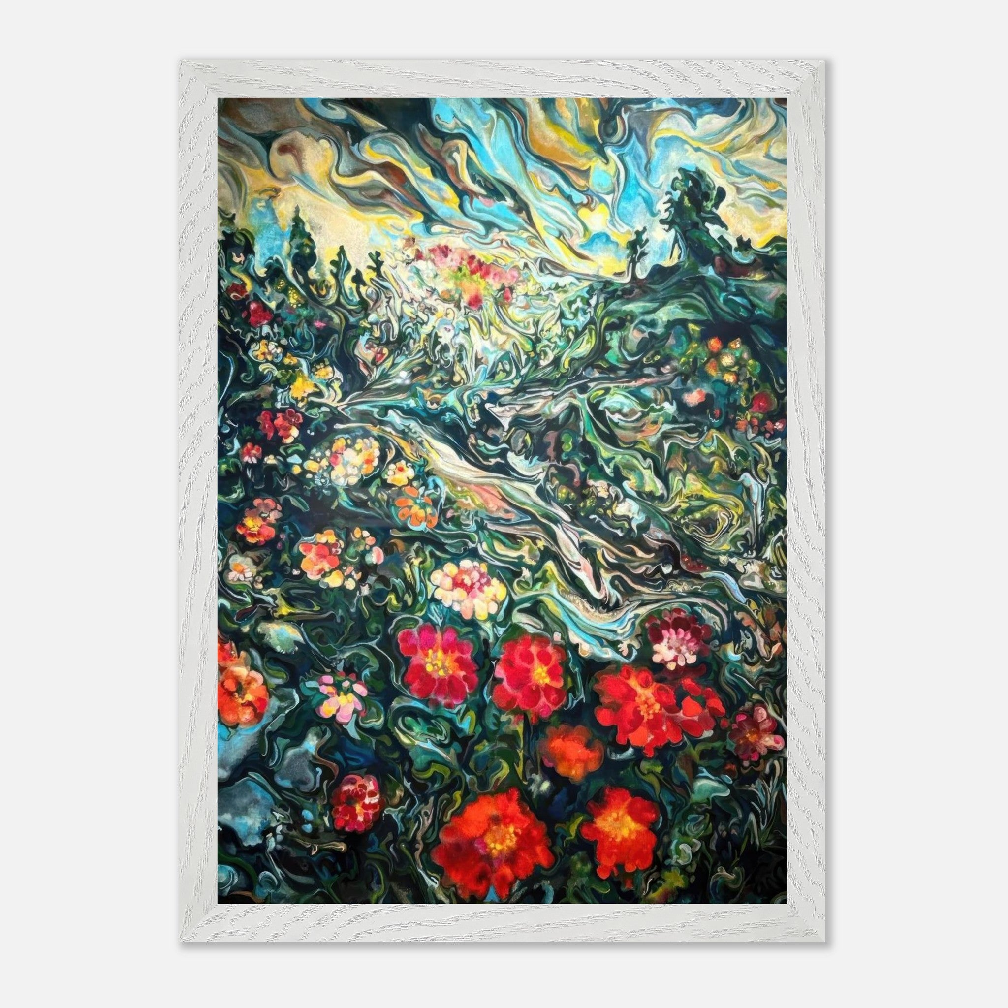 Abstract floral landscape painting in vintage frame, showcasing vibrant flowers and swirling colors under a golden sky.