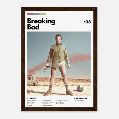 Retro Breaking Bad framed poster featuring Walter White in desert attire with a revolver. Iconic wall art for fans.