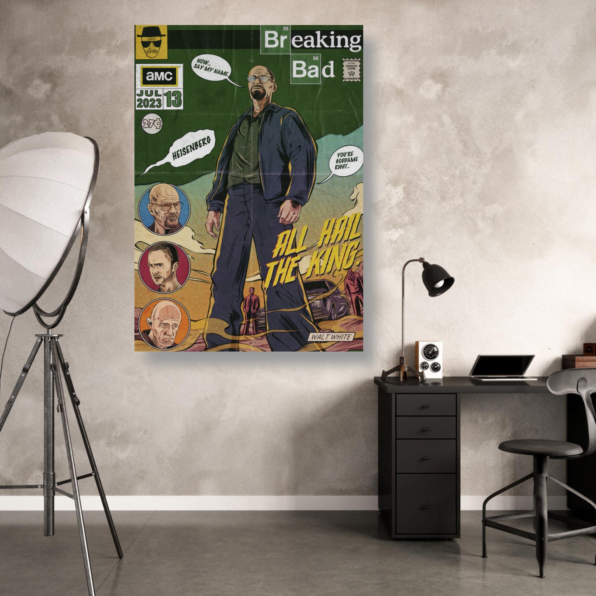 Heisenberg metal print featuring Walter White in comic style, inspired by Breaking Bad, displayed on a wall in a stylish interior.