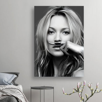 Kate Moss Mustache poster featuring a playful hand-drawn mustache against a stylish gray background.