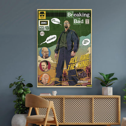 Vintage Heisenberg poster featuring bold comic art and "All Hail the King" tagline, perfect for Breaking Bad fans.