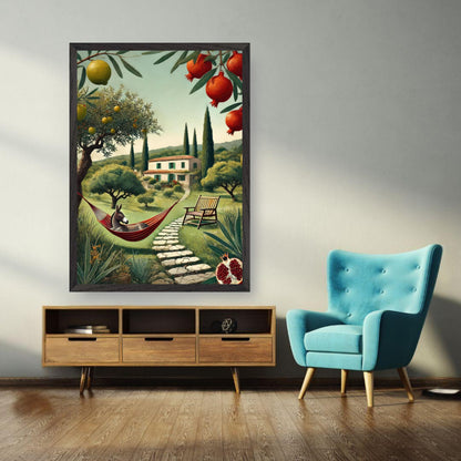 Mediterranean rural landscape fine art print featuring cypress trees and a hammock in a serene setting.