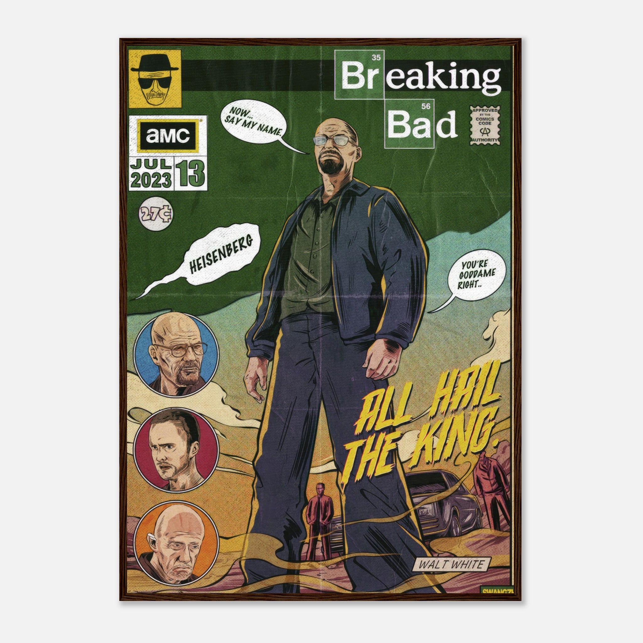 Heisenberg framed print featuring Walter White with retro comic design and "All Hail the King" text for Breaking Bad fans.