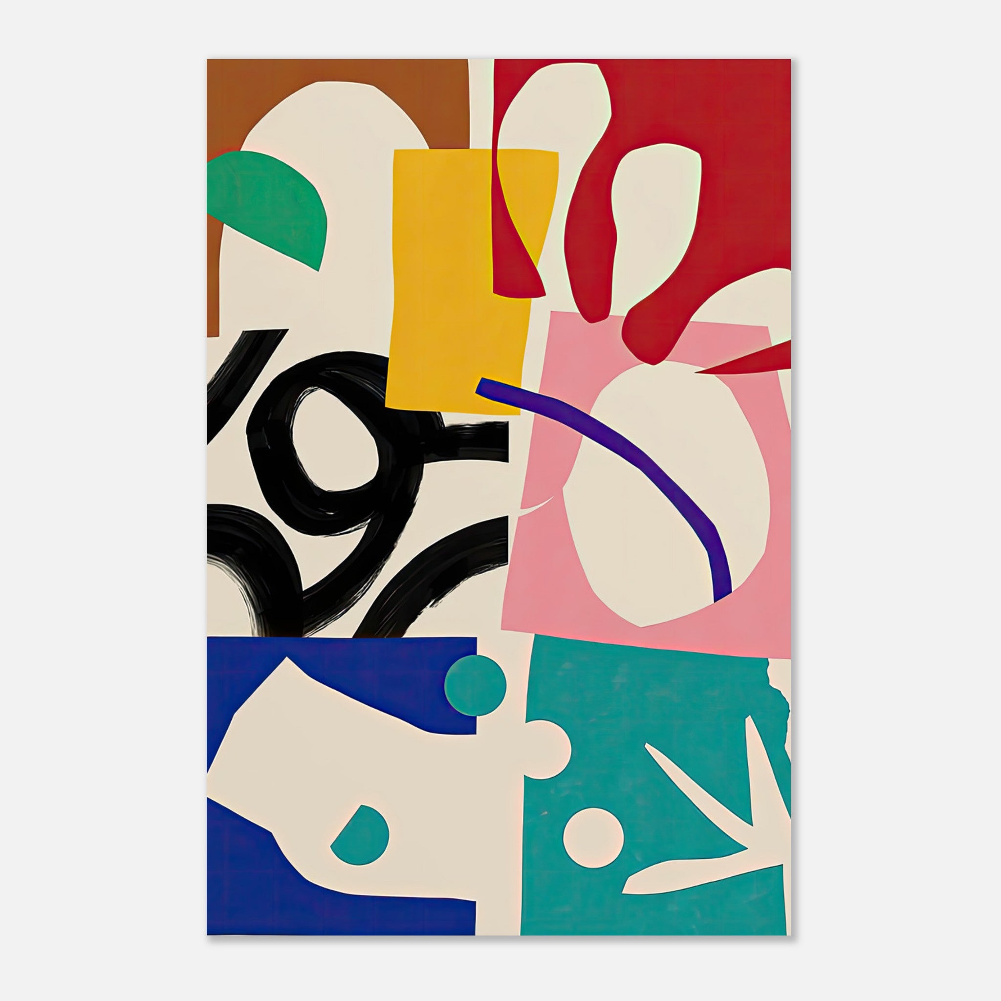 Abstract Harmony metal print featuring bold colors, fluid shapes, and dynamic patterns for modern decor.