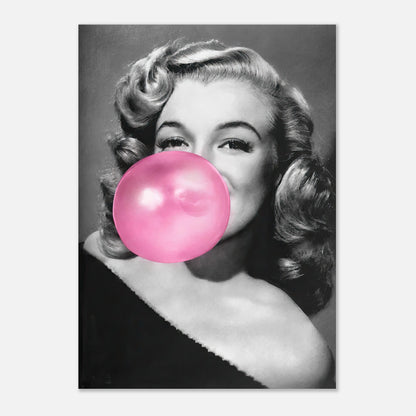 Marilyn Monroe posing with pink bubble gum in a stylish black and white poster artwork.