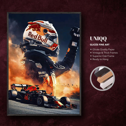 Max Verstappen Red Bull fine art print showcasing vibrant motorsport action, framed in vintage oak, ready to hang.