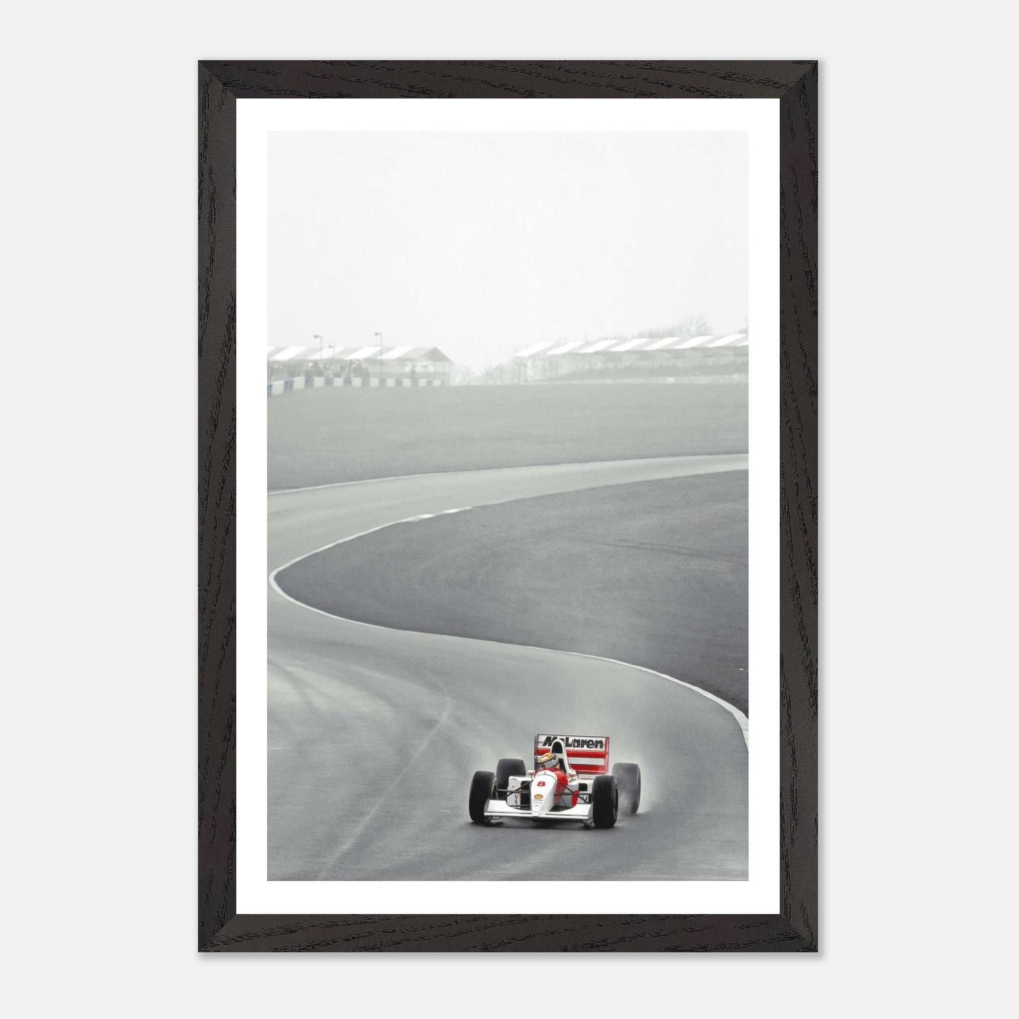 1988 Ayrton Senna McLaren MP4/4 framed giclée fine art print capturing speed on the racetrack.