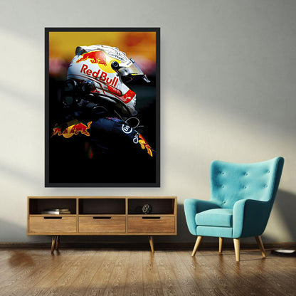 Framed print of Max Verstappen in Red Bull helmet, showcasing vibrant colors in modern living room decor.