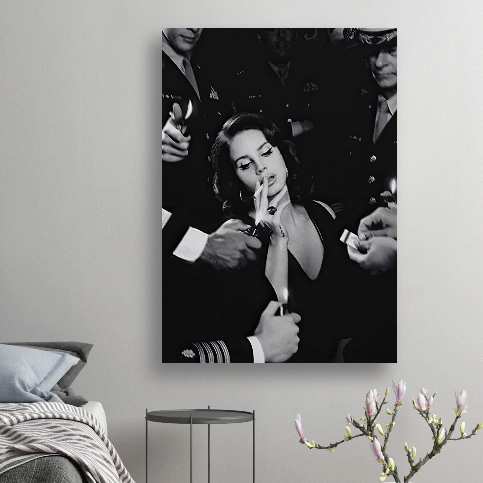 Lana Del Ray Smoking poster in black-and-white, showcasing elegance and allure, perfect for art and music lovers.