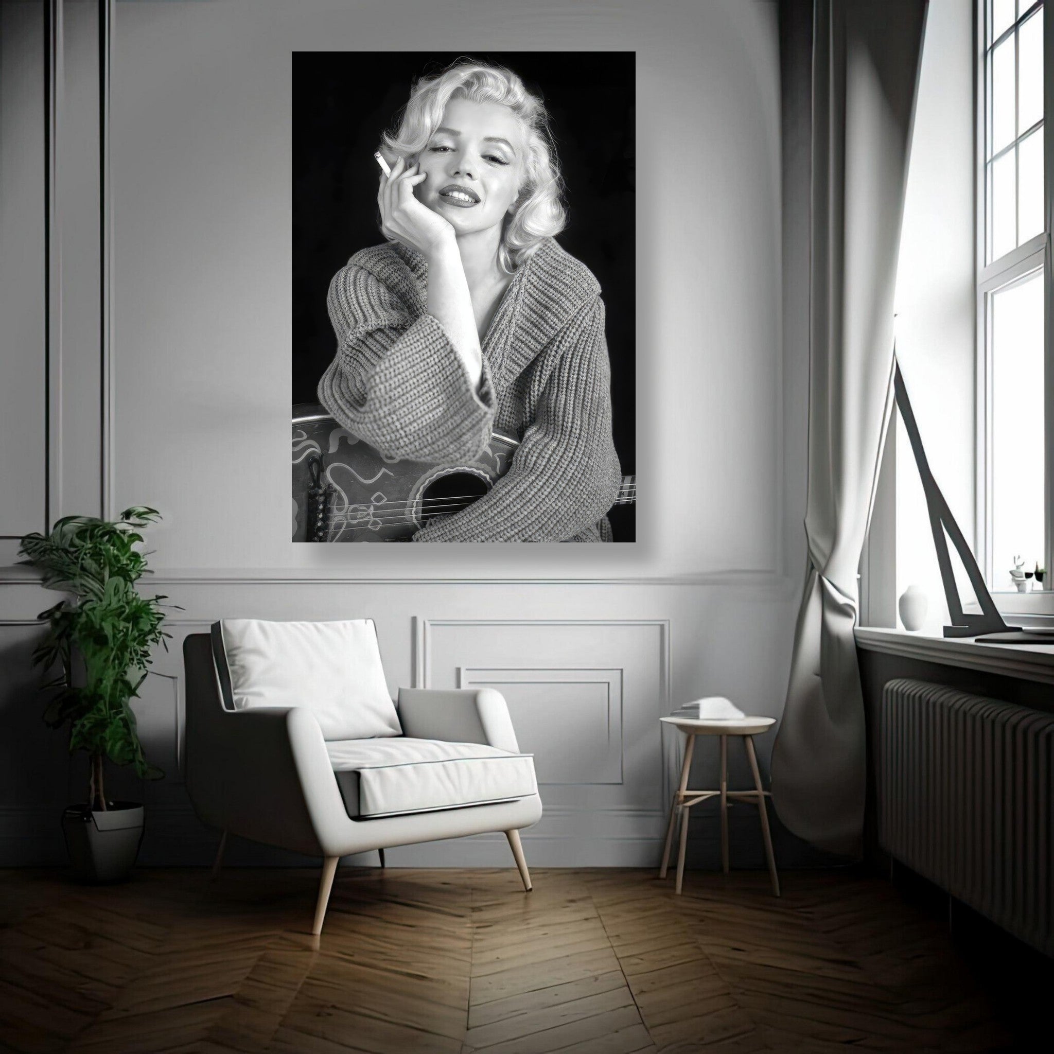 Marilyn Monroe smoking metal print in a stylish interior, showcasing timeless Hollywood glamour and elegance.