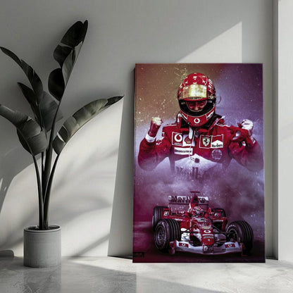 Dynamic canvas artwork of Michael Schumacher in Ferrari gear, celebrating his legendary F1 career and triumphs.