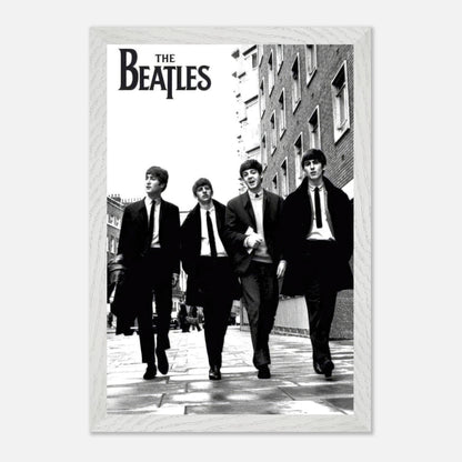 The Beatles fine art print in black and white, showcasing the iconic band walking down a city street.