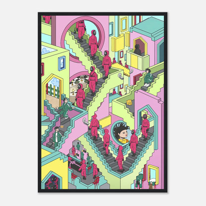 Squid Game Stairs framed print featuring vibrant pastel tones and intricate Escher-inspired design. Perfect for unique home decor.