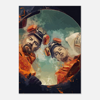 Cook & Clean Breaking Bad poster featuring Heisenberg and Jesse Pinkman in a vibrant chemistry lab scene.