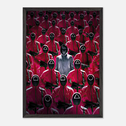 Squid Game Guards fine art print featuring iconic pink uniforms and the Front Man in a striking composition.