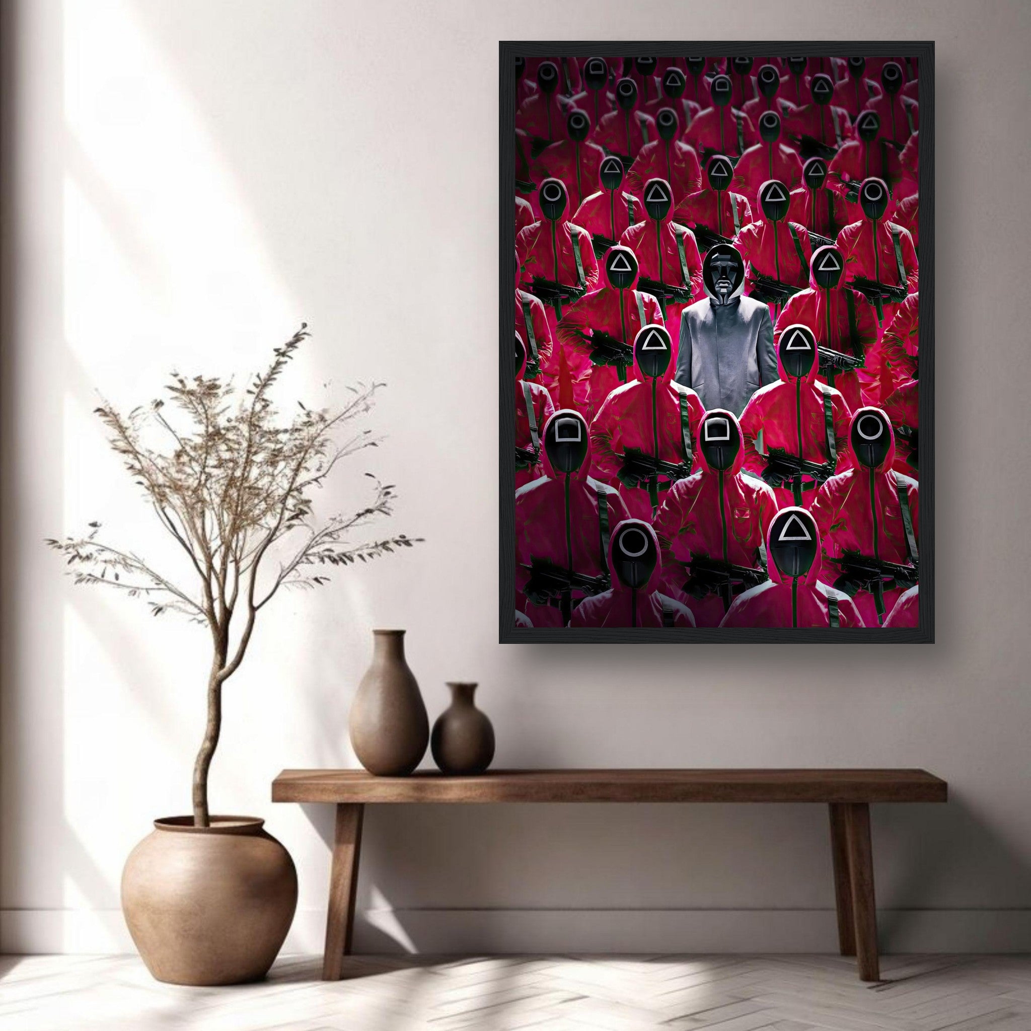 Squid Game Guards framed print featuring iconic pink-clad guards and their leader on a stylish interior wall.