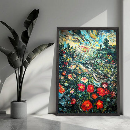 Abstract floral landscape painting showcasing vibrant colors and dreamy brushstrokes in a stylish interior setting.