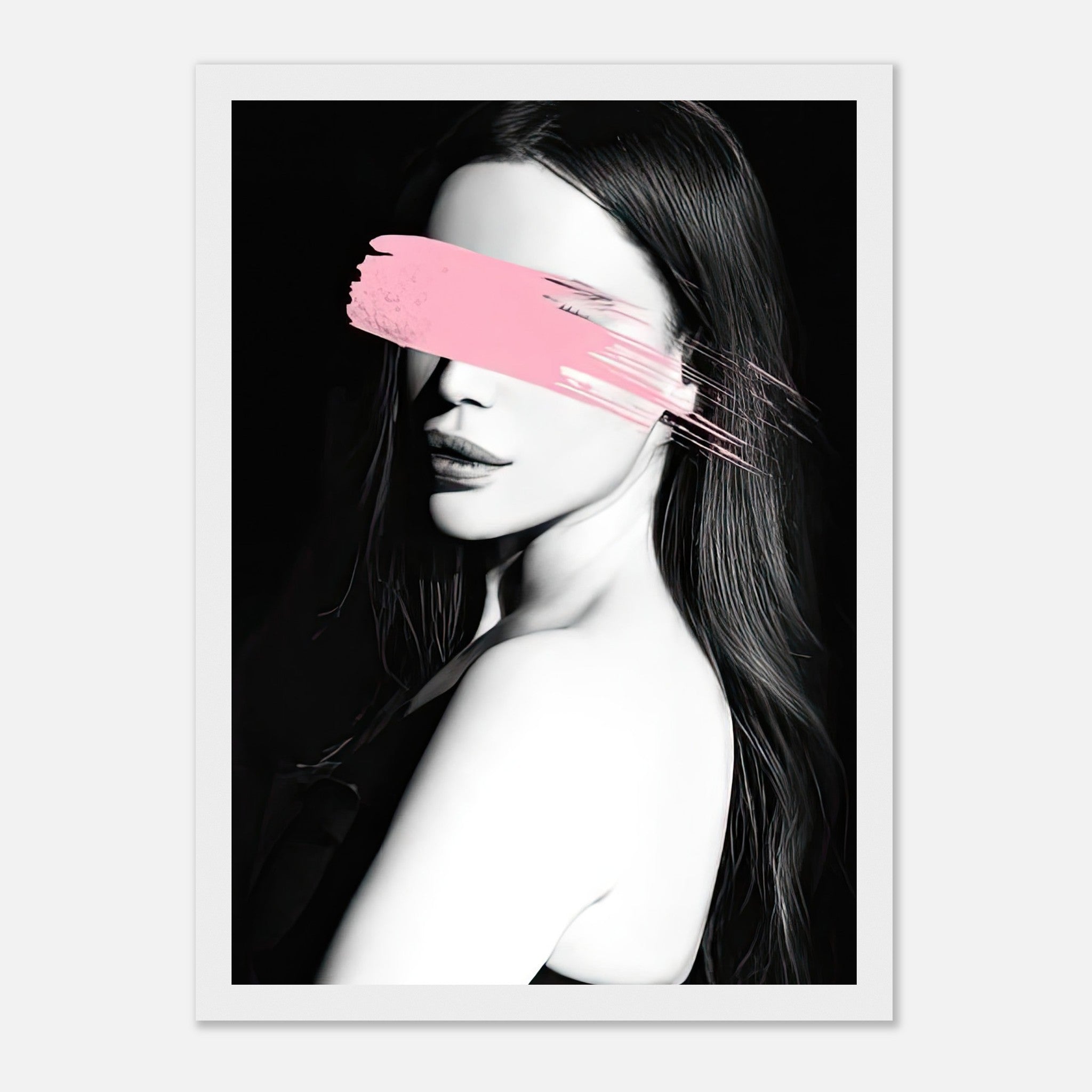 Pink Blindness framed print featuring a monochromatic portrait with a vibrant pink brushstroke, enhancing modern decor.