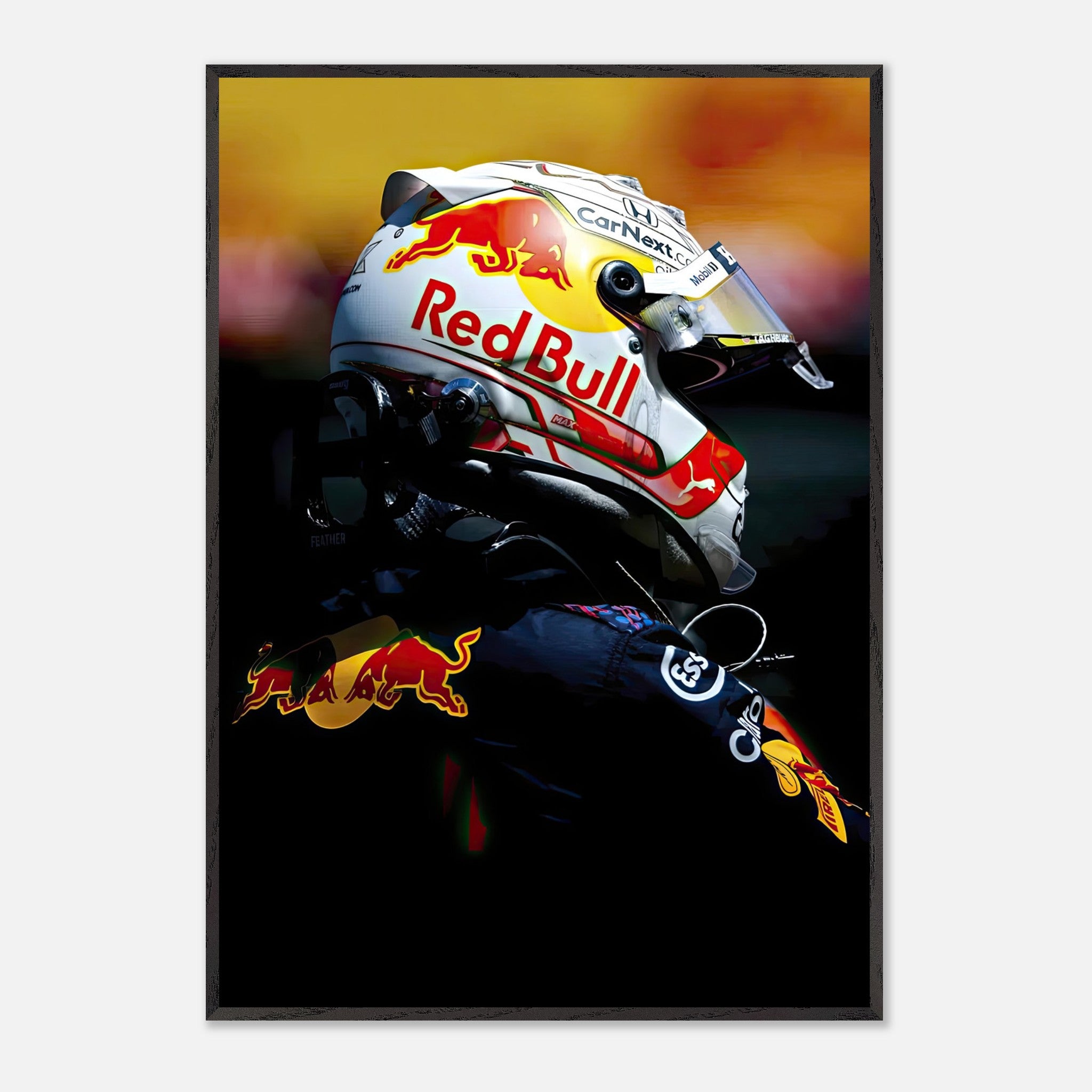 Fine art print of Max Verstappen in Red Bull racing helmet, showcasing vibrant colors and intense focus. Perfect for Formula 1 fans.