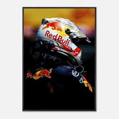 Fine art print of Max Verstappen in Red Bull racing helmet, showcasing vibrant colors and intense focus. Perfect for Formula 1 fans.