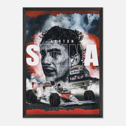 Ayrton Senna framed fine art print featuring vibrant colors and striking design for F1 enthusiasts and collectors.