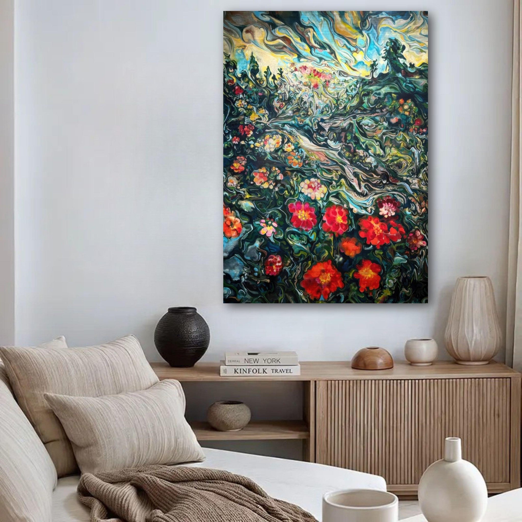 Abstract floral landscape painting on brushed metal, enhancing modern home decor with vibrant colors.