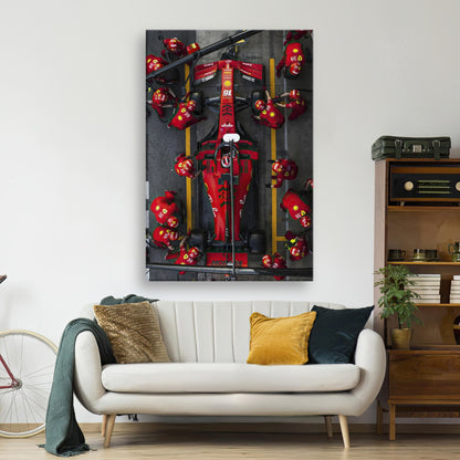 Ferrari pitstop canvas artwork showcasing dynamic race action and vivid colors, perfect for motorsport enthusiasts.