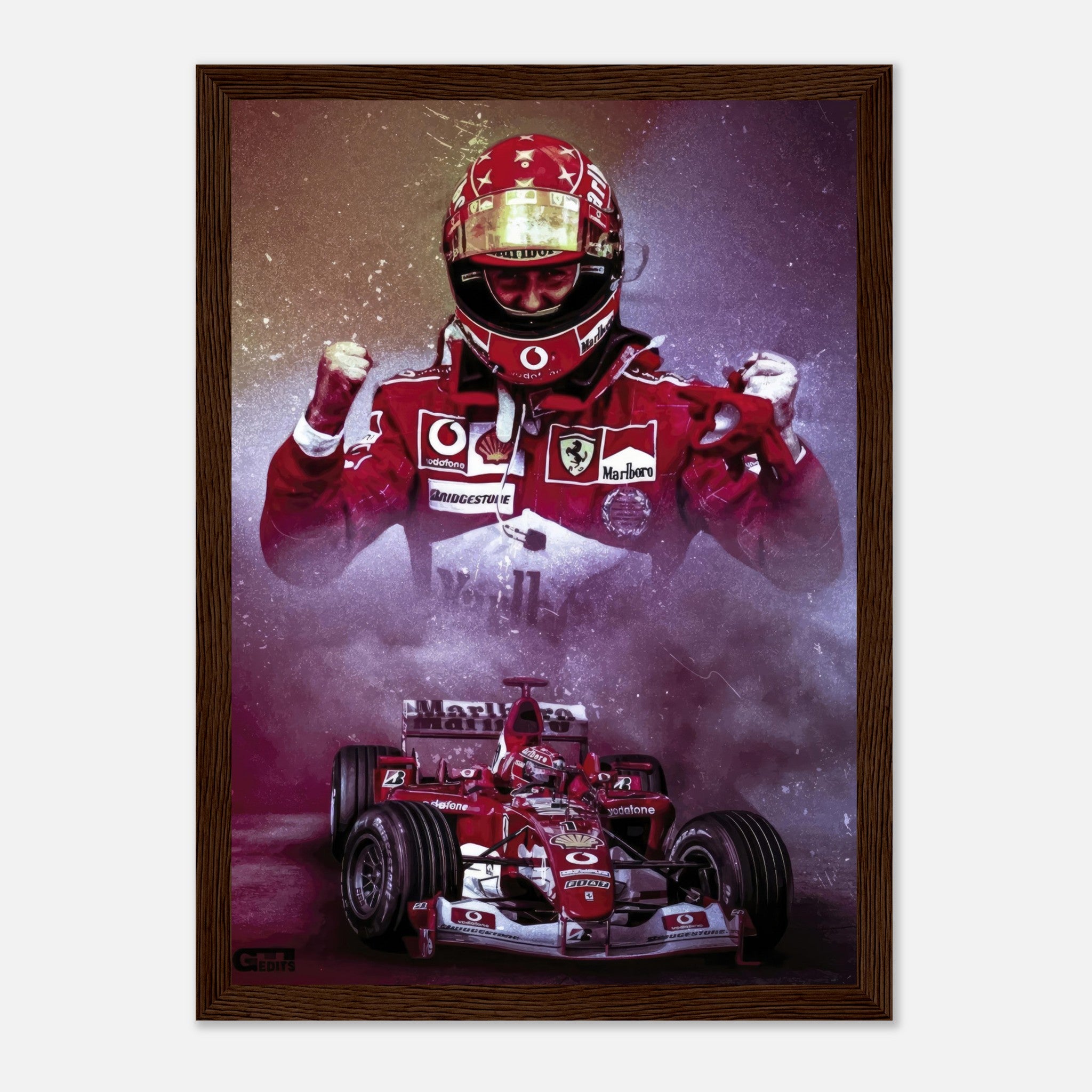 Michael Schumacher framed print showcasing his iconic Ferrari moments in vibrant colors and dynamic imagery.