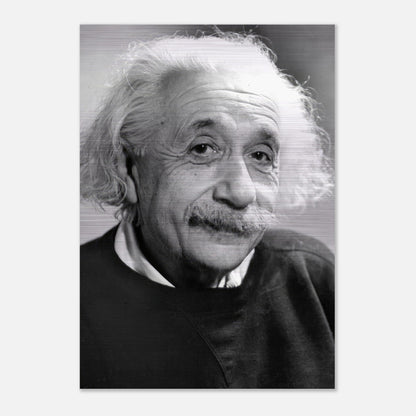 Brushed metal print of Albert Einstein (1946), showcasing a classic black and white portrait of the renowned physicist.