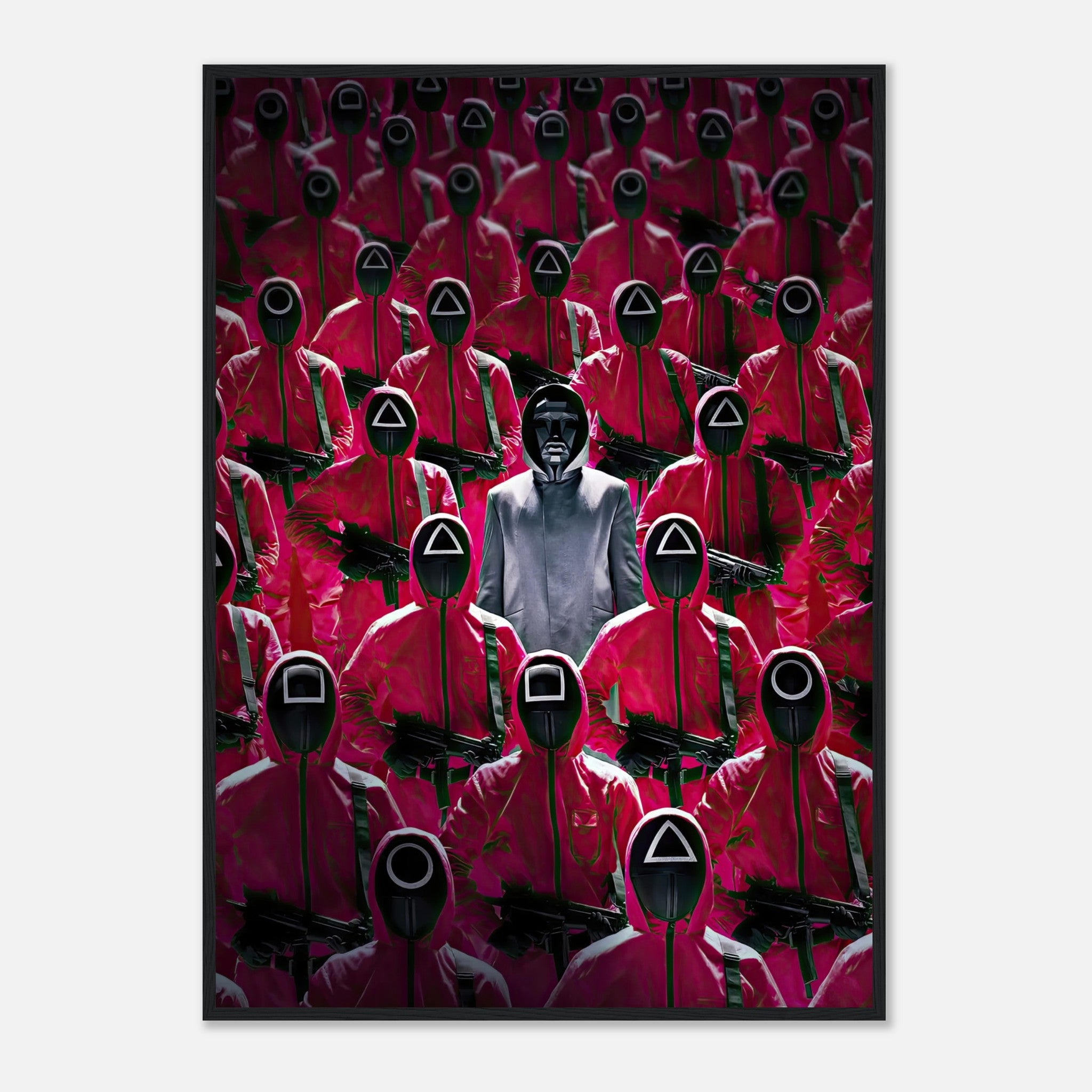 Squid Game Guards framed print featuring iconic pink-clad figures and their mysterious leader in a dramatic setting.