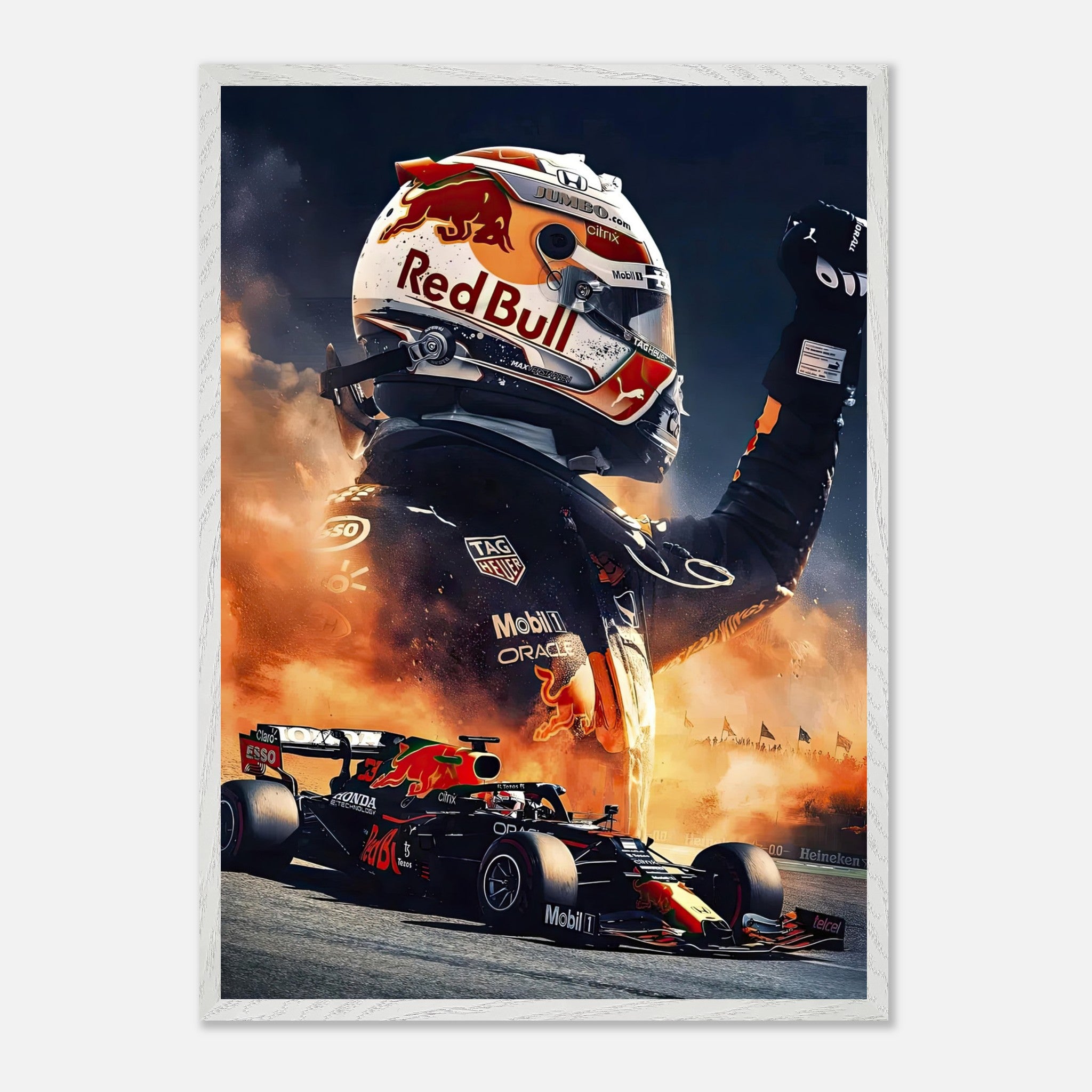 Max Verstappen Red Bull fine art print capturing F1 action in vibrant detail and framed for gallery-quality decor.