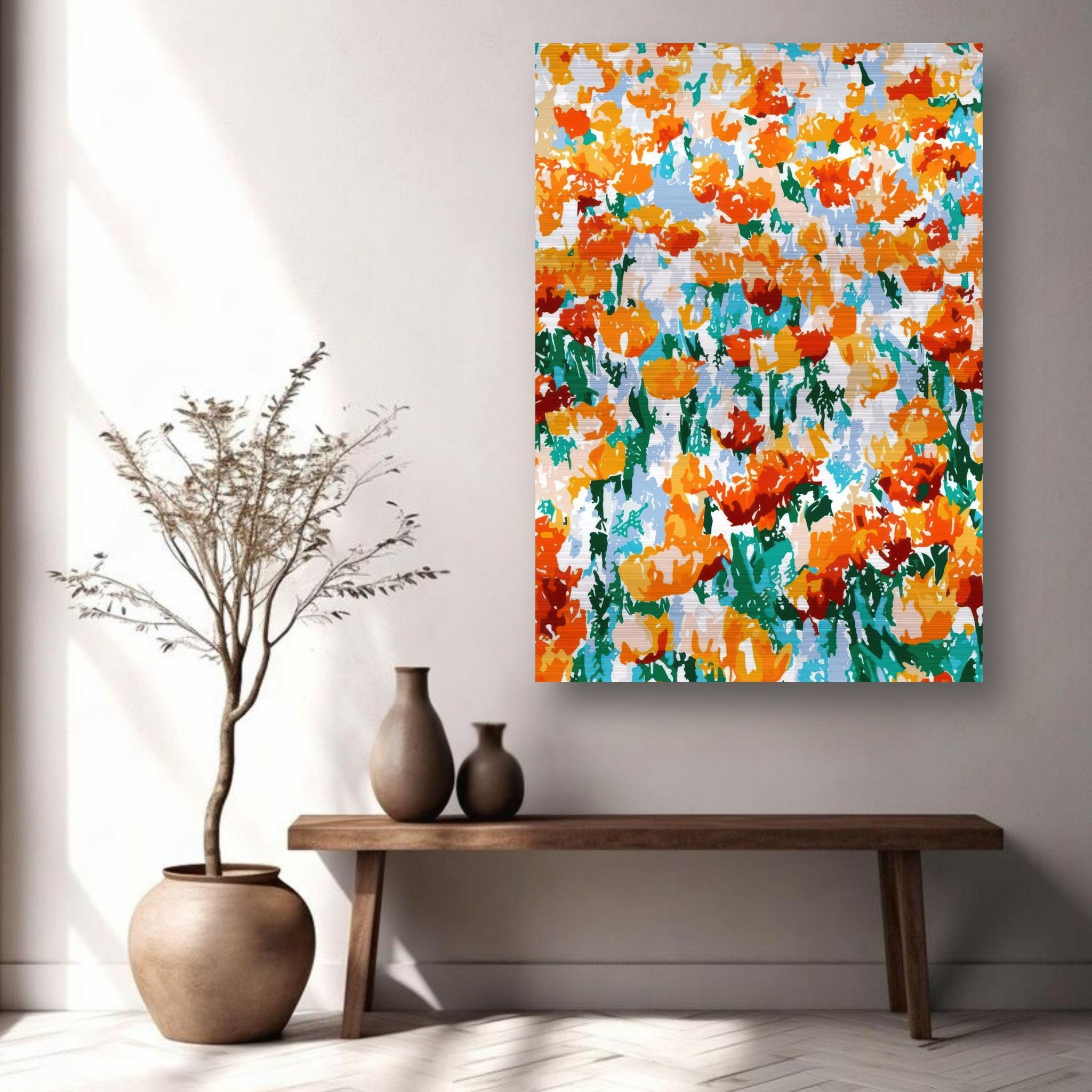 Colorful abstract floral tulip garden print on brushed metal, illuminating a modern interior design.