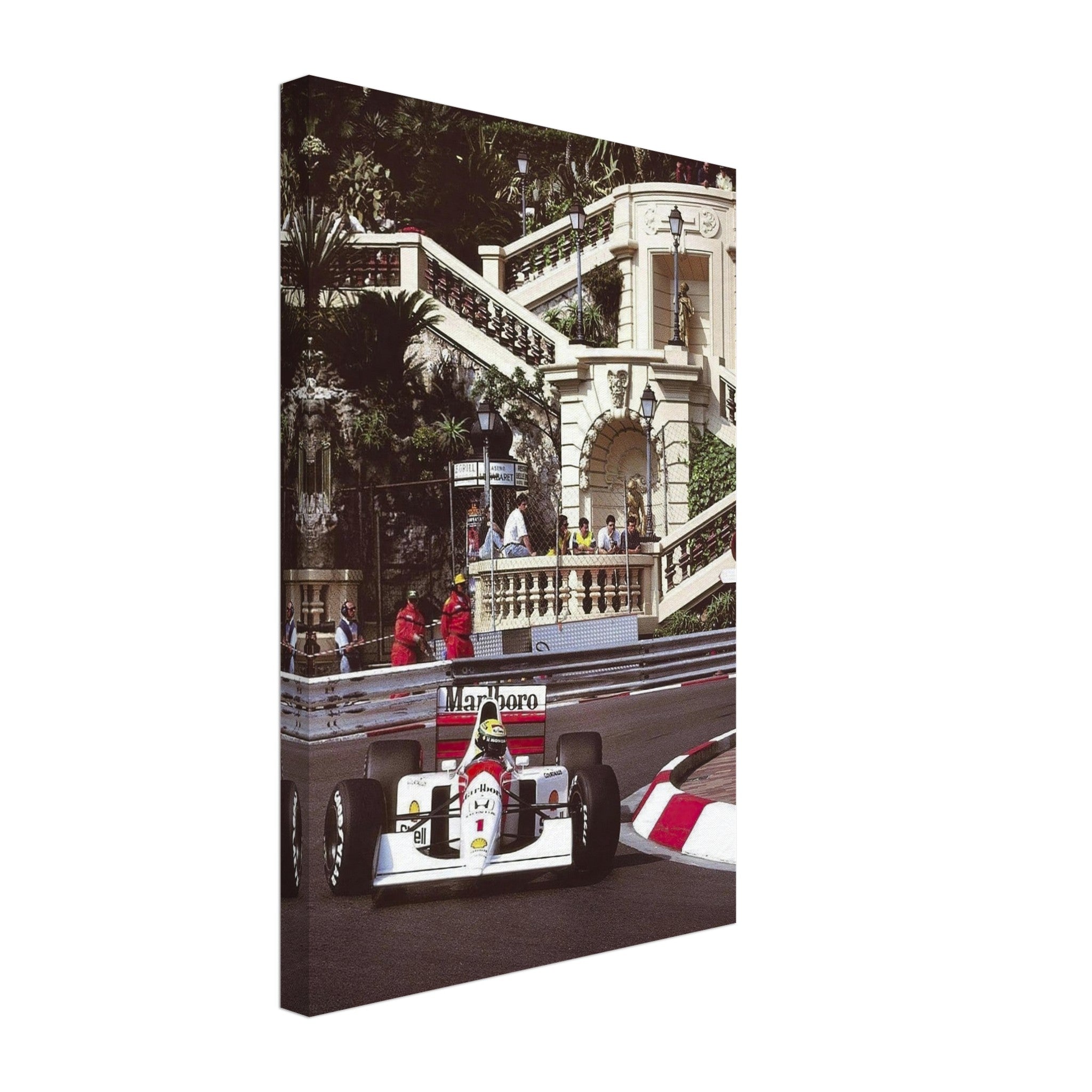 Ayrton Senna racing in Monaco, vibrant canvas print capturing motorsport history and iconic McLaren moment.