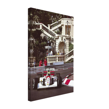 Ayrton Senna racing in Monaco, vibrant canvas print capturing motorsport history and iconic McLaren moment.