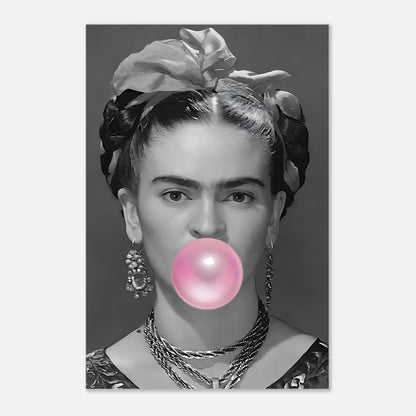 Frida Kahlo metal print featuring black-and-white photo with vibrant pink bubble gum.