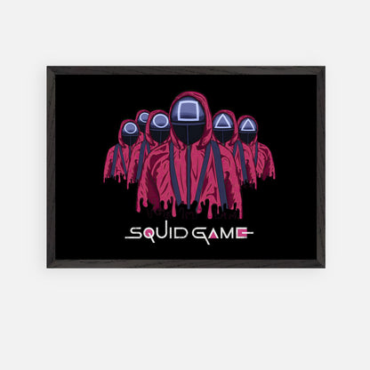 Squid Game Soldiers fine art print featuring iconic masked guards in red uniforms against a black background.