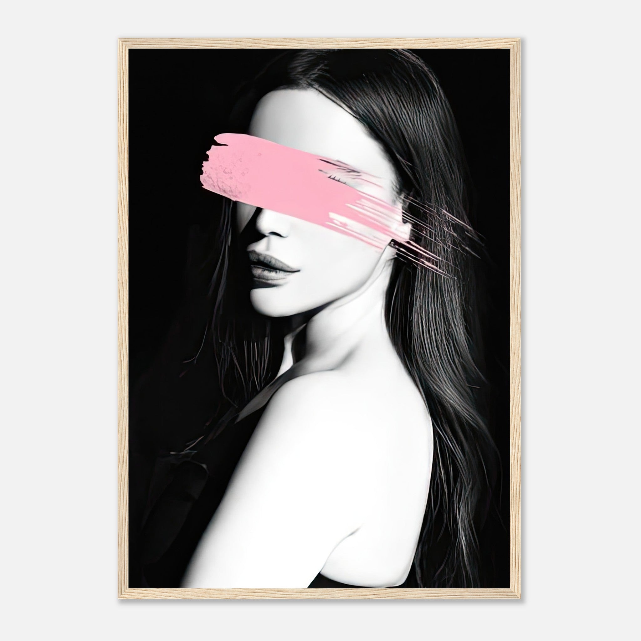 Captivating Pink Blindness framed print featuring a monochromatic portrait with a bold pink brushstroke accent.