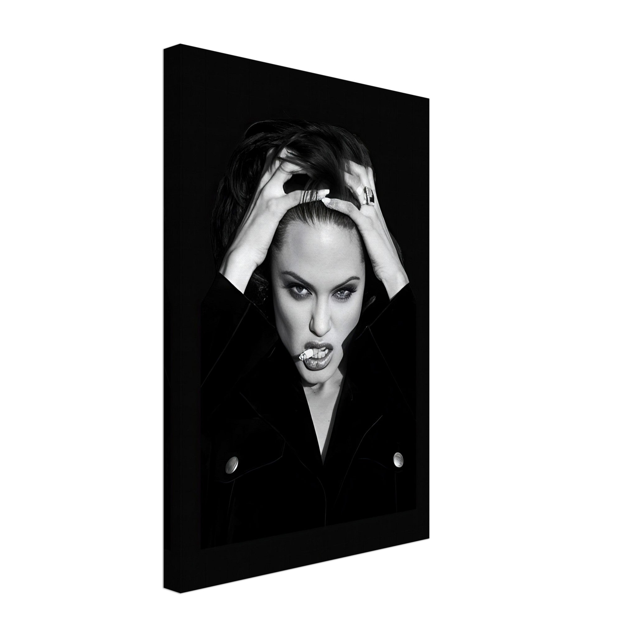 Angelina Jolie portrait canvas, black-and-white art piece showcasing elegance and intensity with smoky allure.