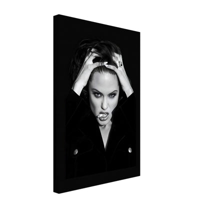 Angelina Jolie portrait canvas, black-and-white art piece showcasing elegance and intensity with smoky allure.