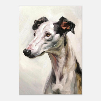 Greyhound dog painting poster showcasing a detailed portrait of the elegant Greyhound breed.