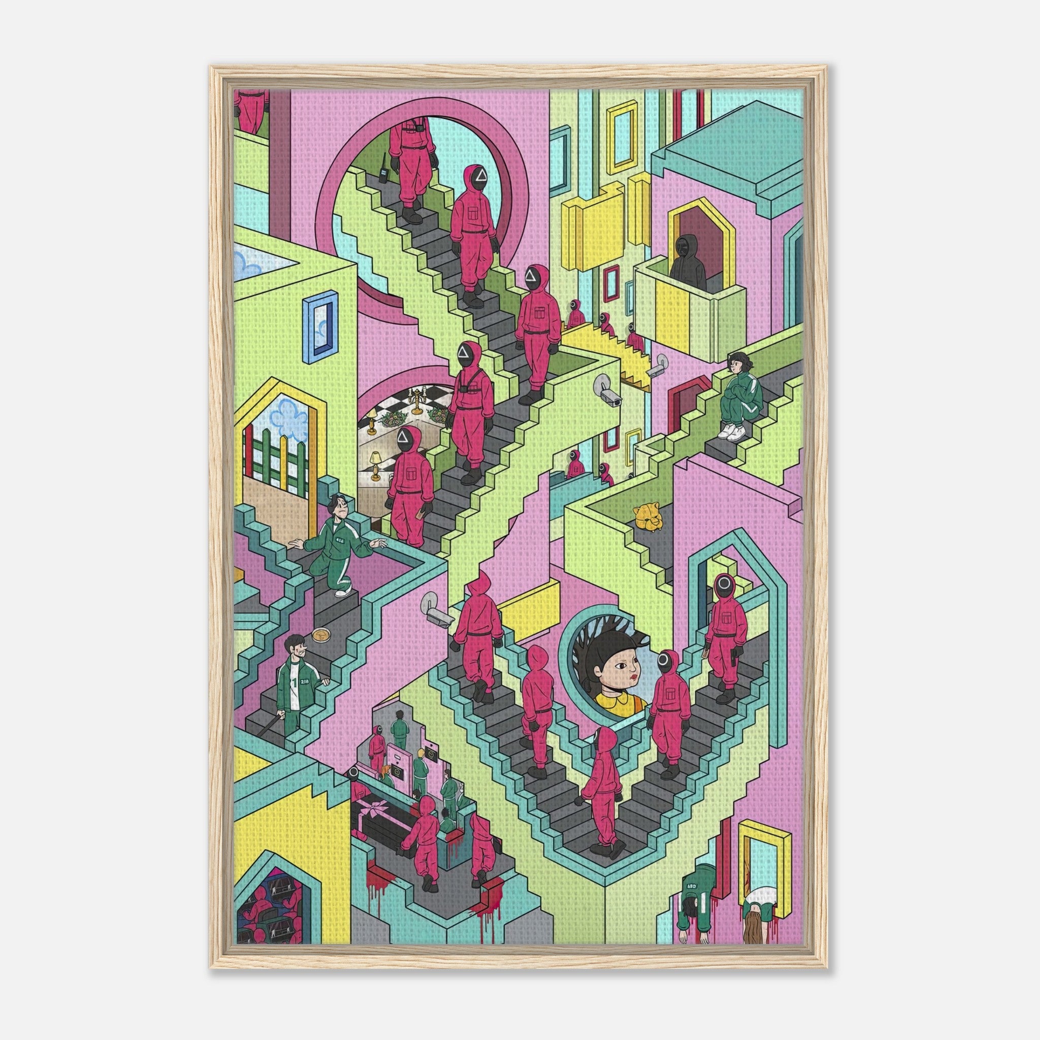 Squid Game Stairs framed canvas print featuring colorful, maze-like staircases with masked characters navigating the surreal design.