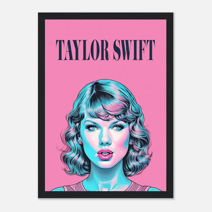 Vibrant Taylor Swift pop art framed poster with pink backdrop and turquoise highlights, ideal for fans and art lovers.