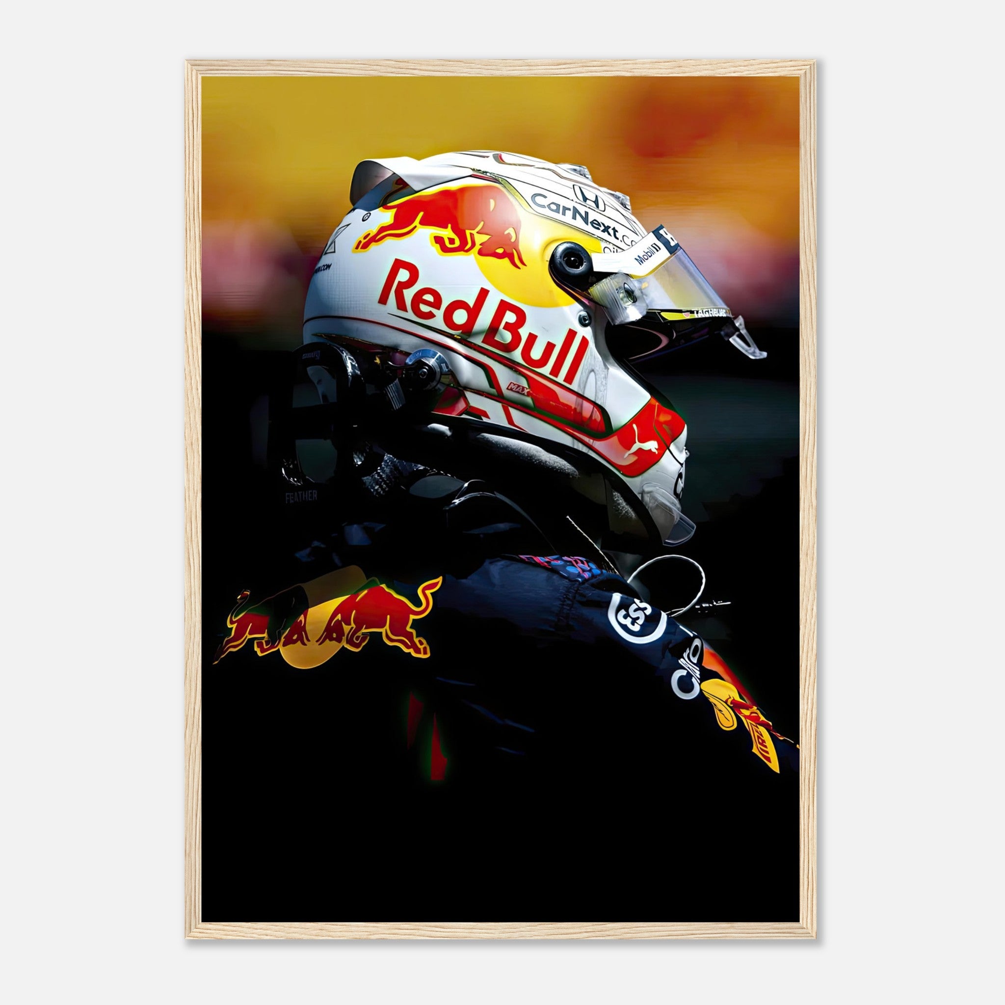 Max Verstappen framed print showcasing his Red Bull helmet, vibrant colors and sharp details celebrating F1 racing excellence.