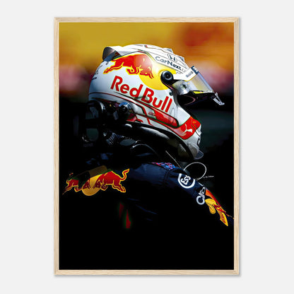 Max Verstappen framed print showcasing his Red Bull helmet, vibrant colors and sharp details celebrating F1 racing excellence.